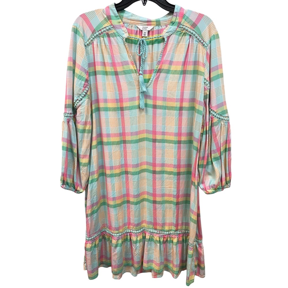 Crown & Ivy Dress Medium Plaid Multicolor Long Sleeve‎ Casual Tassel Boho